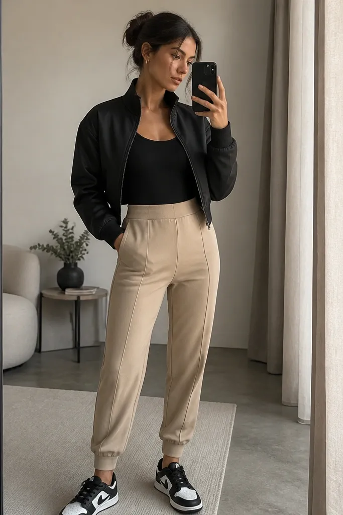 Indoor mirror photo: tan joggers with a clean waistband, a black fitted tank tucked in, and a short black jacket ending at the high hip. The jacket has a smooth finish, and the sneakers are black-and-white.