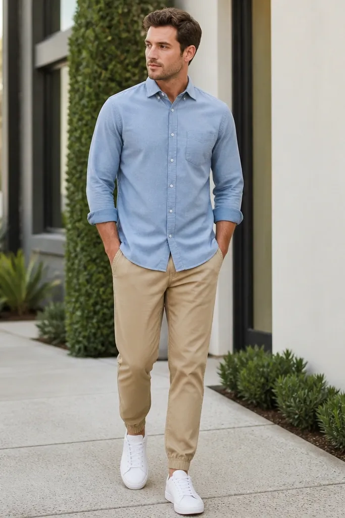 Casual daytime photo: tan joggers with a cuffed hem, a light blue chambray shirt worn fully buttoned, and crisp white sneakers. The shirt sleeves are rolled and the shirt hem covers the waistband slightly.