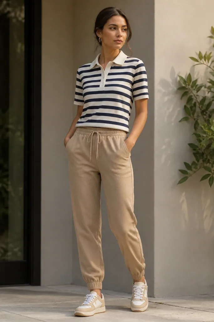 Daylight photo: tan joggers paired with a polo shirt in cream and navy stripes, worn with the collar sitting flat and the shirt hem at the waistband. The person is wearing gold hoop earrings and tan-and-white sneakers.