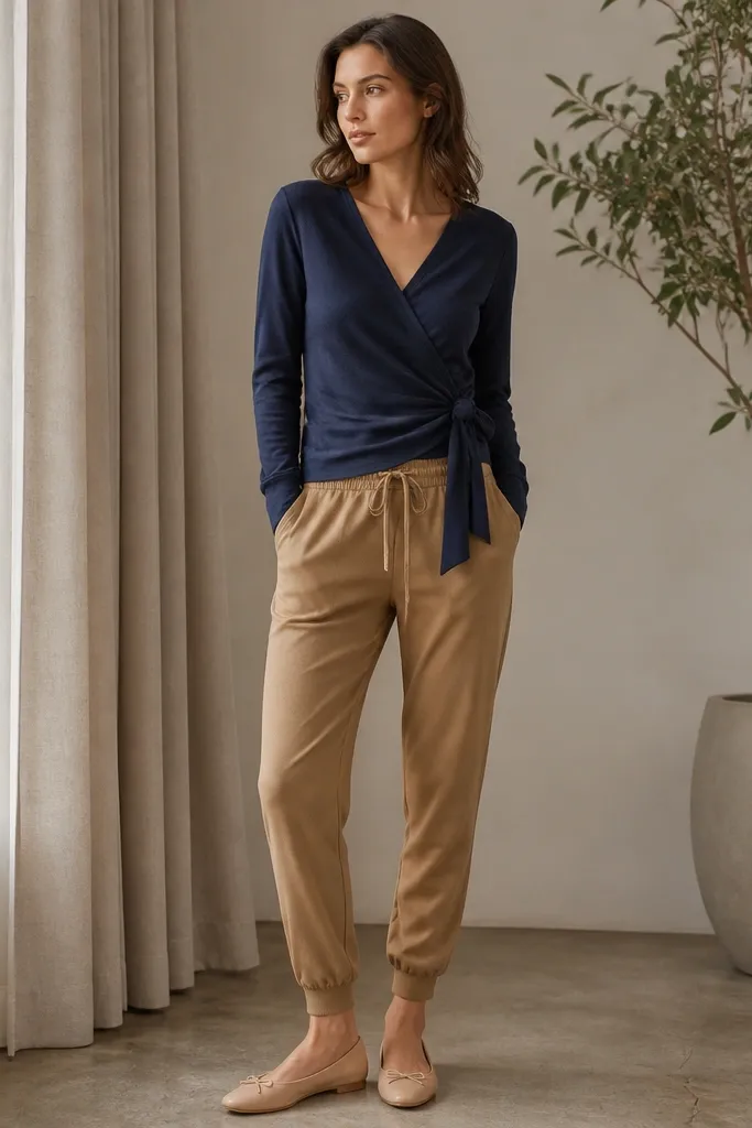 Photo indoors: tan joggers with a tapered leg, a navy wrap top tied at the waist, and nude ballet flats. The wrap creates a V-neck and a defined waistline.