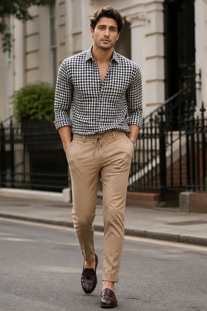 Street photo: tan joggers, a black-and-white check button-down worn half-tucked, and dark brown loafers. The shirt sleeves are rolled, and the outfit looks neat and slightly dressy.