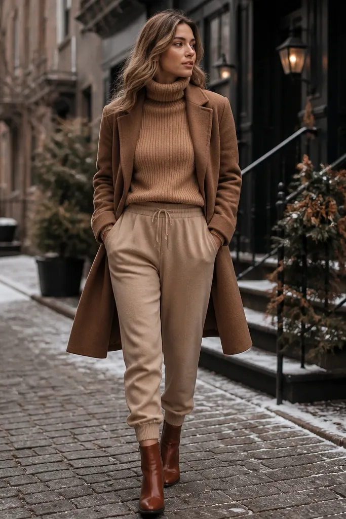 Cold-weather shot: tan joggers, a camel knit turtleneck tucked into the waistband, and brown leather ankle boots. The boots have a slight heel, and the outfit looks warm and layered.