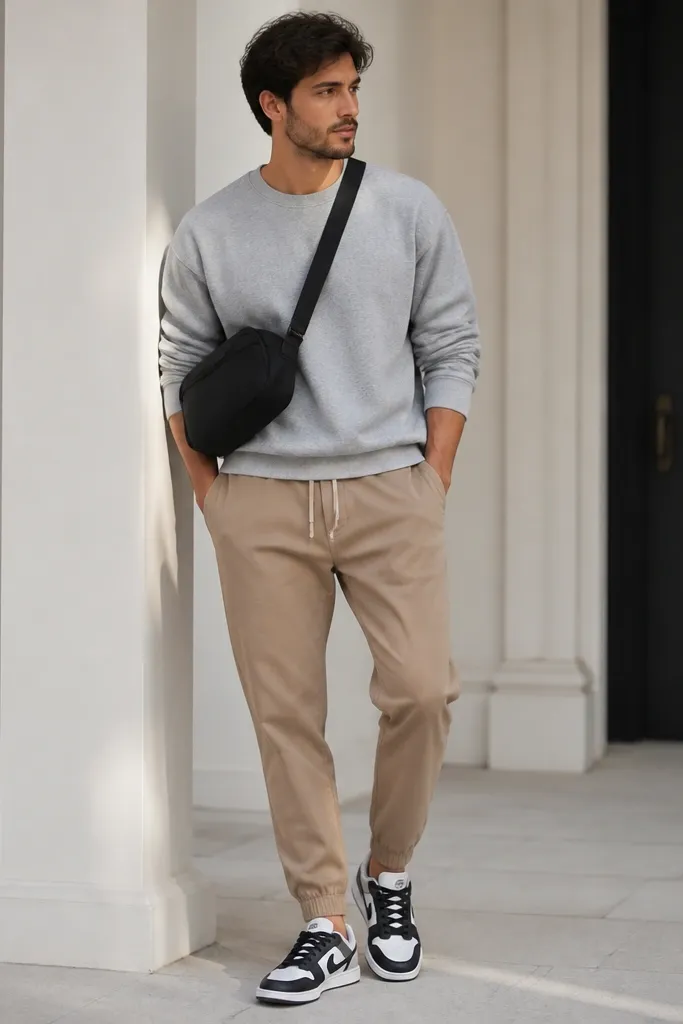 Casual photo: tan joggers with a drawstring, a heather gray sweatshirt worn with sleeves pushed up, and a black crossbody bag across the chest. Sneakers are black-and-white.