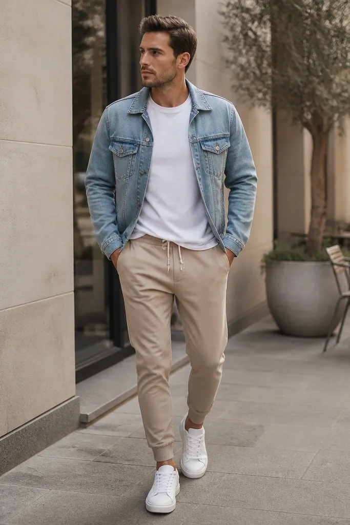 Out-and-about photo: tan joggers, a plain white crew tee slightly tucked, and a light-wash denim jacket worn open. The jacket hem ends at the high hip and the person wears white low-top sneakers.