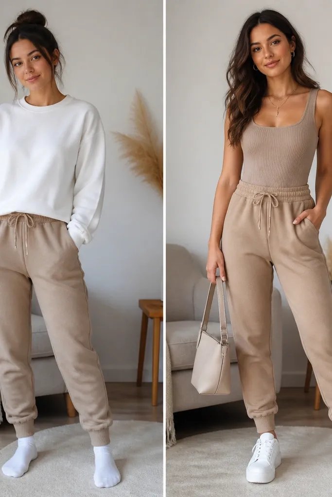 Before and after tan joggers outfit women