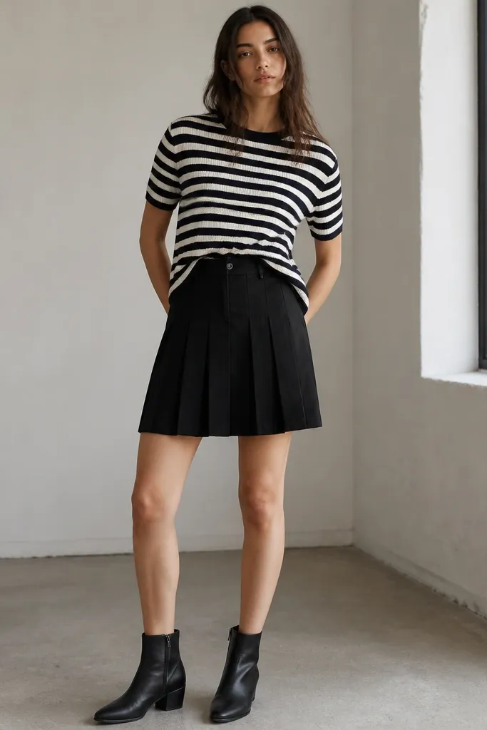 A navy and white striped knit tee tucked at the front into a black pleated denim skirt. Black ankle boots with a slight heel complete the outfit. The pleats are visible and fall straight from the waistband.