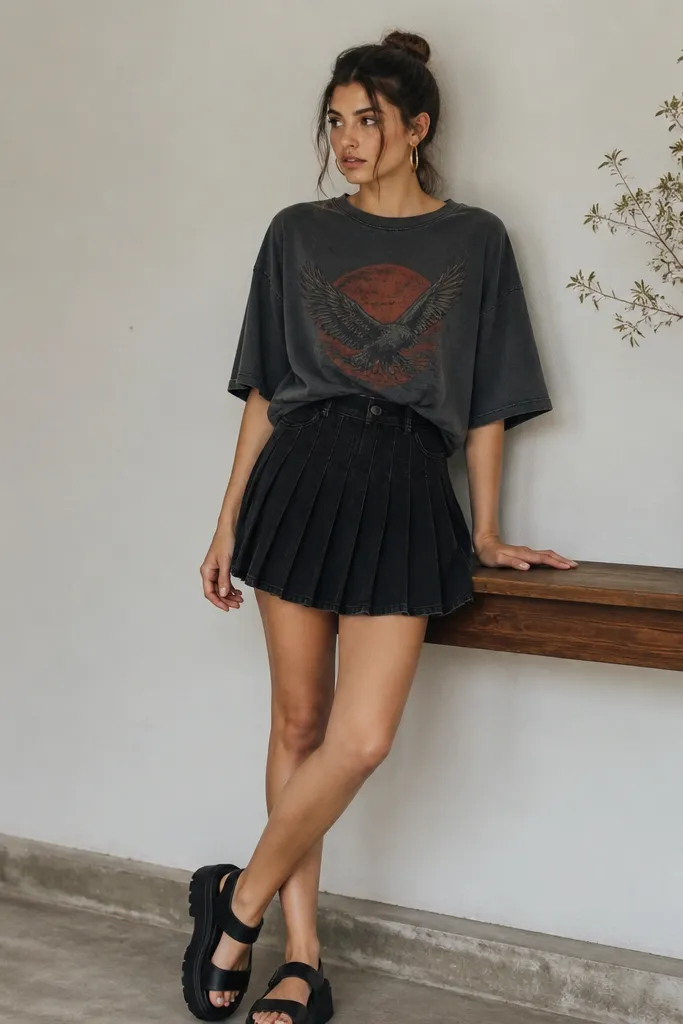 A graphic band tee worn slightly oversized but tucked at the front into a black pleated denim skirt. Platform sandals and gold hoop earrings are shown. The pleats look compact and the tee's graphic sits above the waistband.