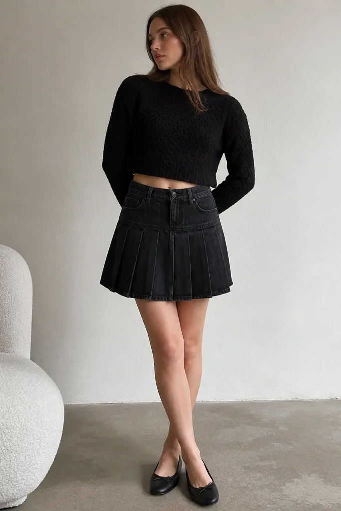 A cropped textured black sweater tucked into a black pleated denim skirt, paired with matte black flats. The photo shows different textures - denim pleats and knit sweater - staying distinct.