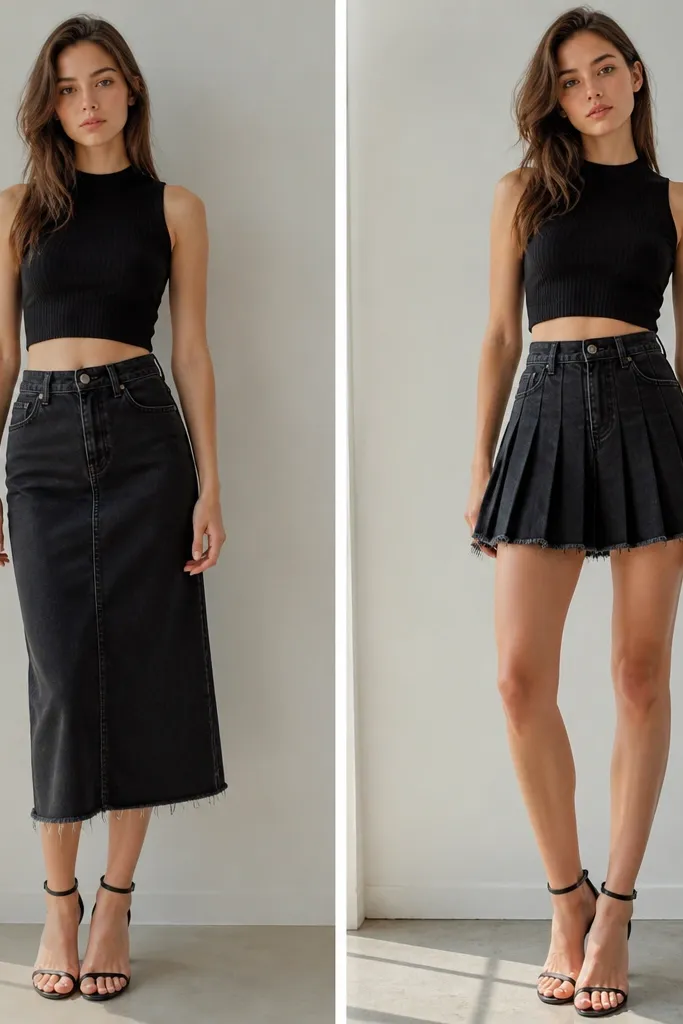 Before after transformation black denim skirt outfit for pleated styles