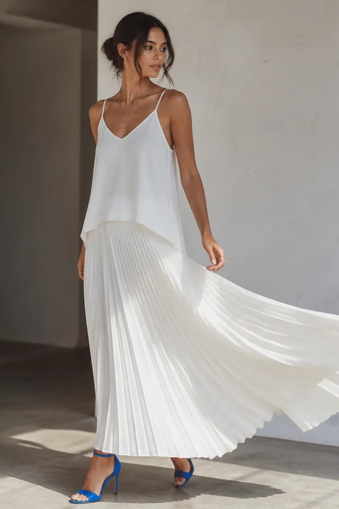 A white flowy tank layered with a white pleated maxi skirt; a bright cobalt heel; layered necklace; the fabric catches light with movement.