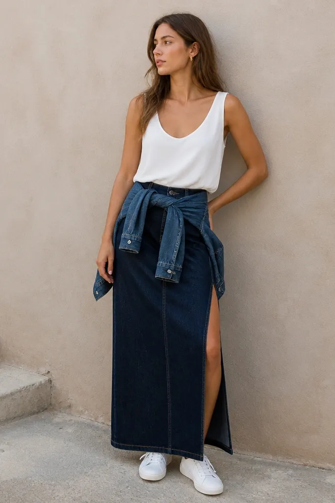 A white flowy tank worn tucked into a dark denim maxi skirt with a side slit; white sneakers; a denim jacket tied at the waist.
