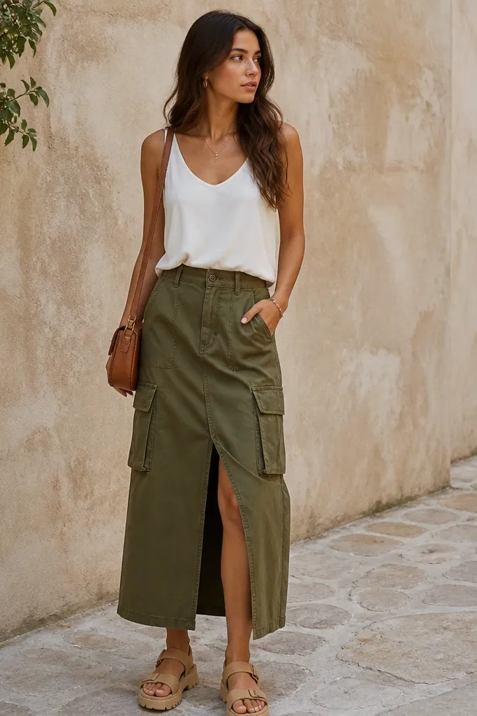 A white flowy tank tucked into an olive cargo skirt with pockets; chunky tan sandals; crossbody bag.