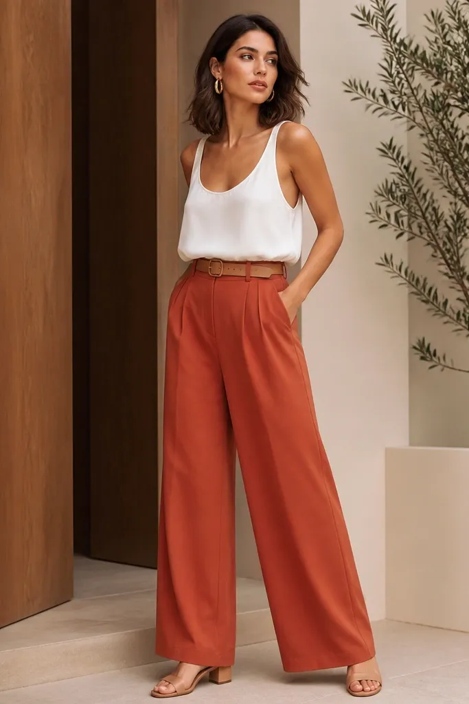 A white flowy tank tucked into rust terracotta wide-leg trousers; gold hoop earrings; tan belt; low block heel.