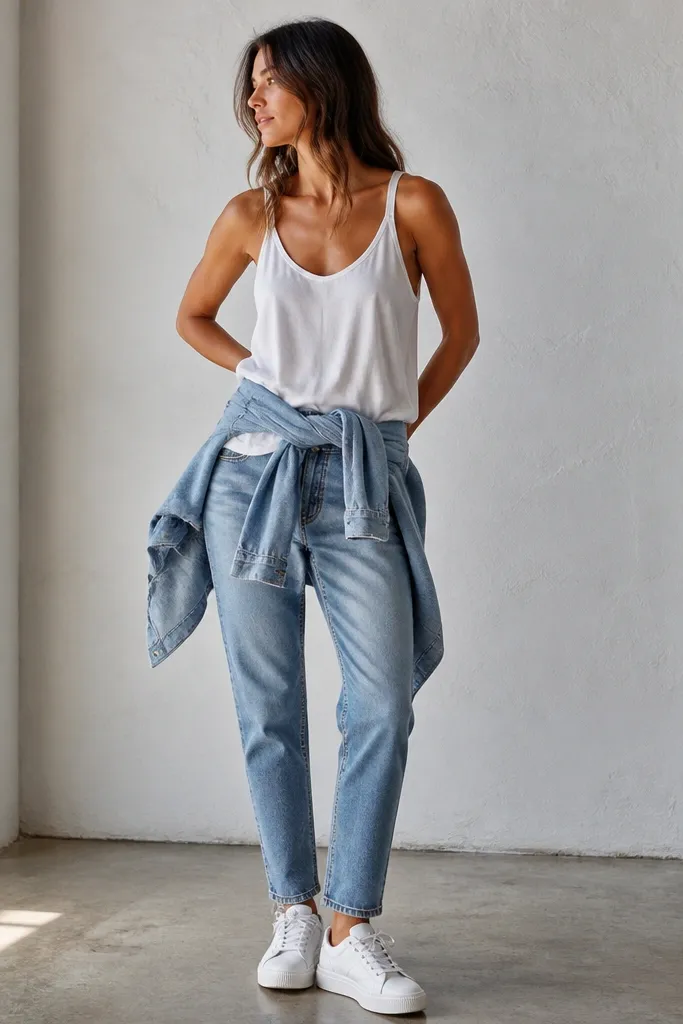 A white flowy tank with a light blue denim button-up tied around the waist; white tank hem is visible; mom jeans; white sneakers.