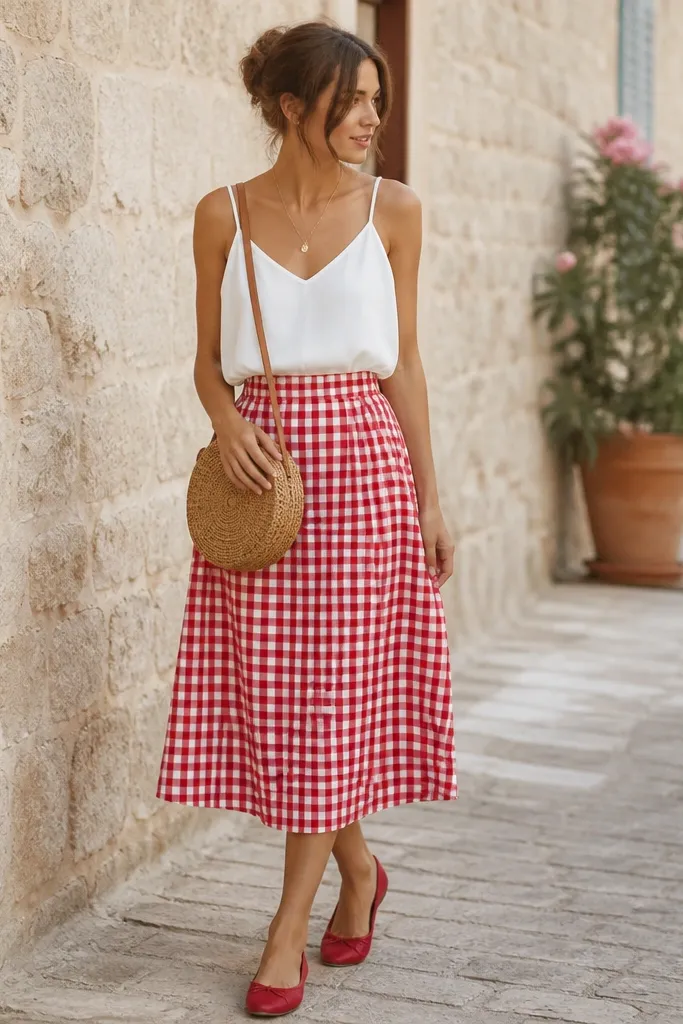 A white flowy tank tucked into a red-and-white gingham skirt; rattan crossbody; red flats.