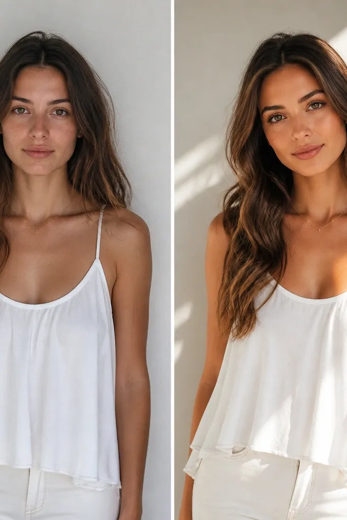 Before and after white flowy tank top outfit