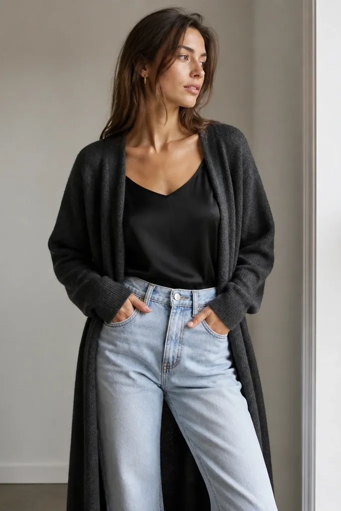A black silk tank top tucked into light-wash straight-leg jeans with a long charcoal cardigan open in front. The image shows the tank tucked cleanly at the waist and the cardigan draping over it.