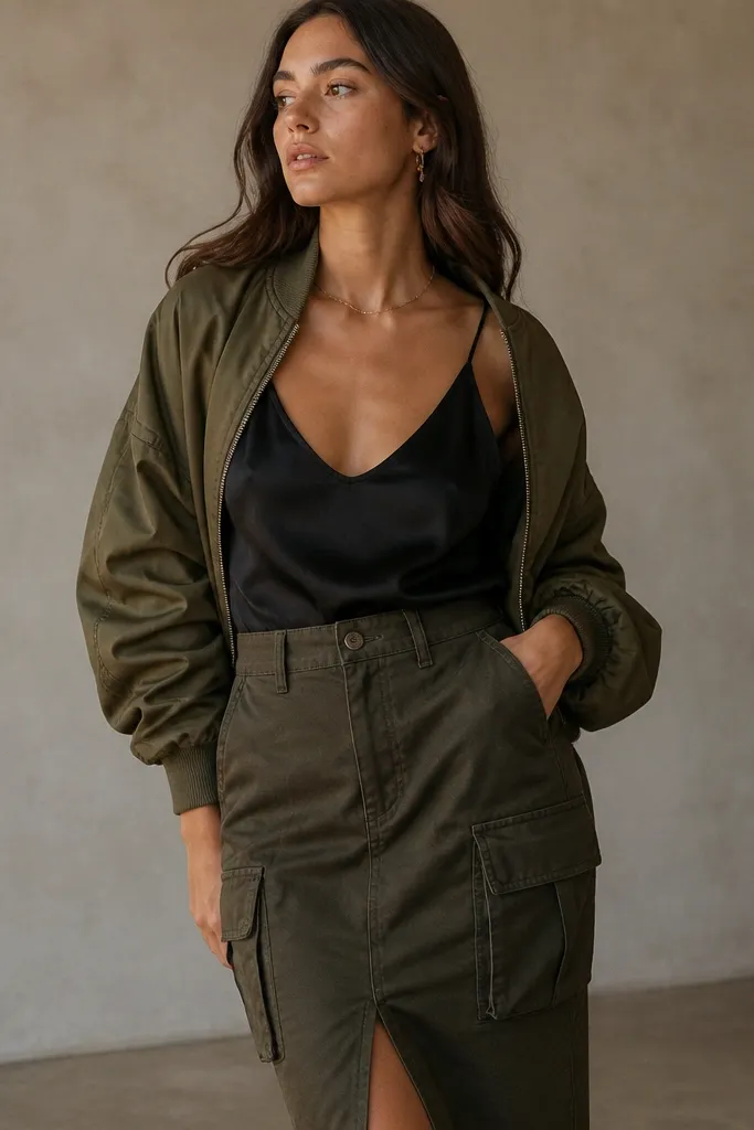 A black silk tank top under an olive bomber jacket with a knee-length cargo skirt. The photo shows the bomber sleeves and the skirt's pockets creating texture around the silk sheen.