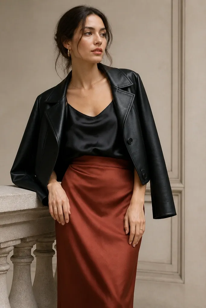 A black silk tank top worn with a rust midi skirt in a satin finish, plus a matte black cropped leather jacket. The tank's shine is visible, while the outer layer stays low-gloss.