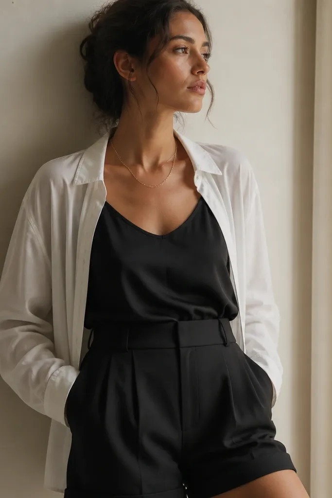A black silk tank under an open white button-up shirt, paired with tailored high-waist shorts and a thin gold necklace. The image shows the shirt hanging loosely around the tank.