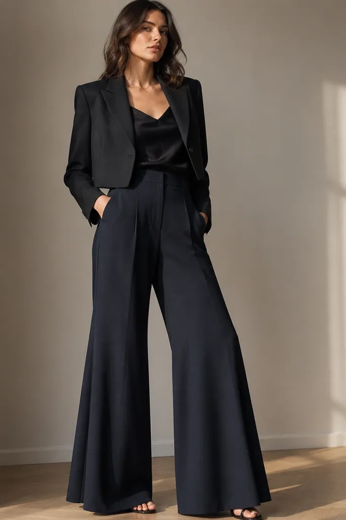 A black silk tank tucked into navy wide-leg trousers with a cropped blazer above it. The photo shows the wide-leg drape starting just below the knee.