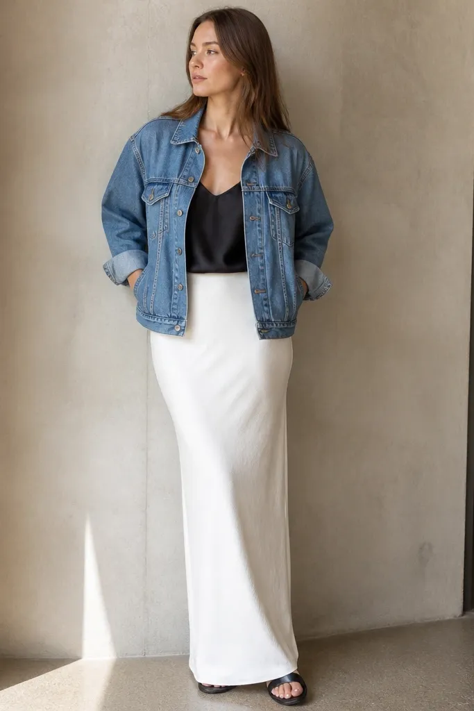 A black silk tank top under a medium-wash denim jacket, paired with a white straight maxi skirt. The photo shows the denim collar and the skirt's clean, long line.