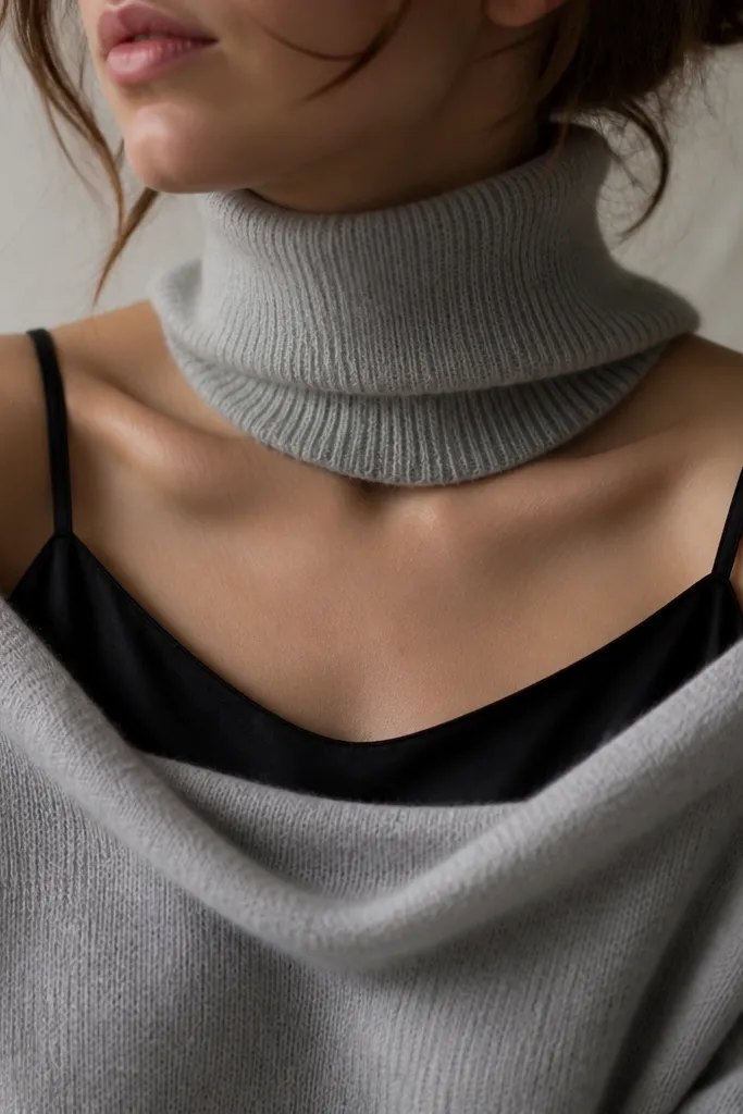 A black silk tank layered under a light gray knit turtleneck, with the turtleneck pulled slightly down to show the silk straps and neckline. The photo focuses on the layered textures.