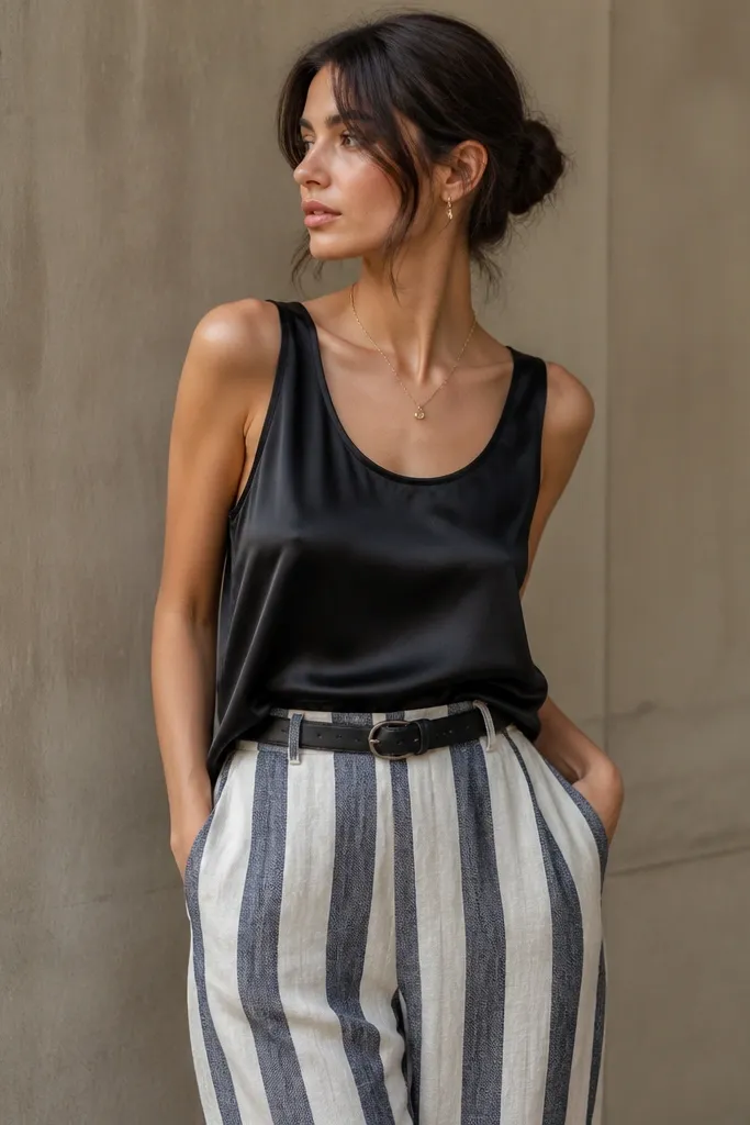 A black silk tank worn untucked with striped linen trousers in navy and white, plus a simple black belt. The photo shows the tank's sheen against the breathable linen texture.