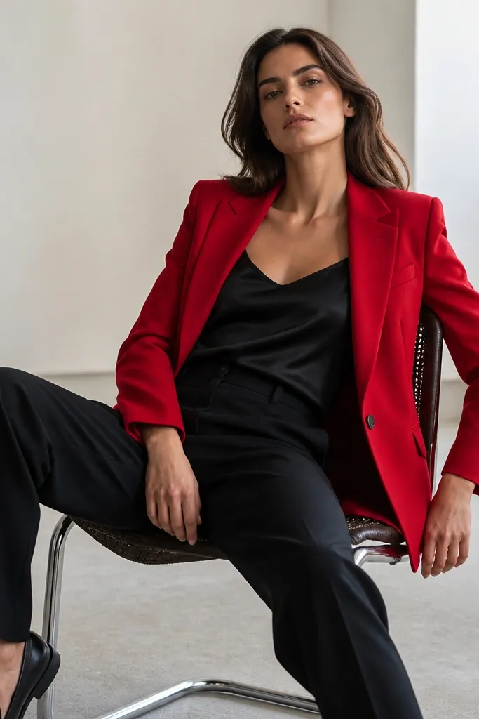 A black silk tank top under a bold red blazer with black tailored pants and black loafers. The photo shows a sharp shoulder line and the tank visible at the neckline.