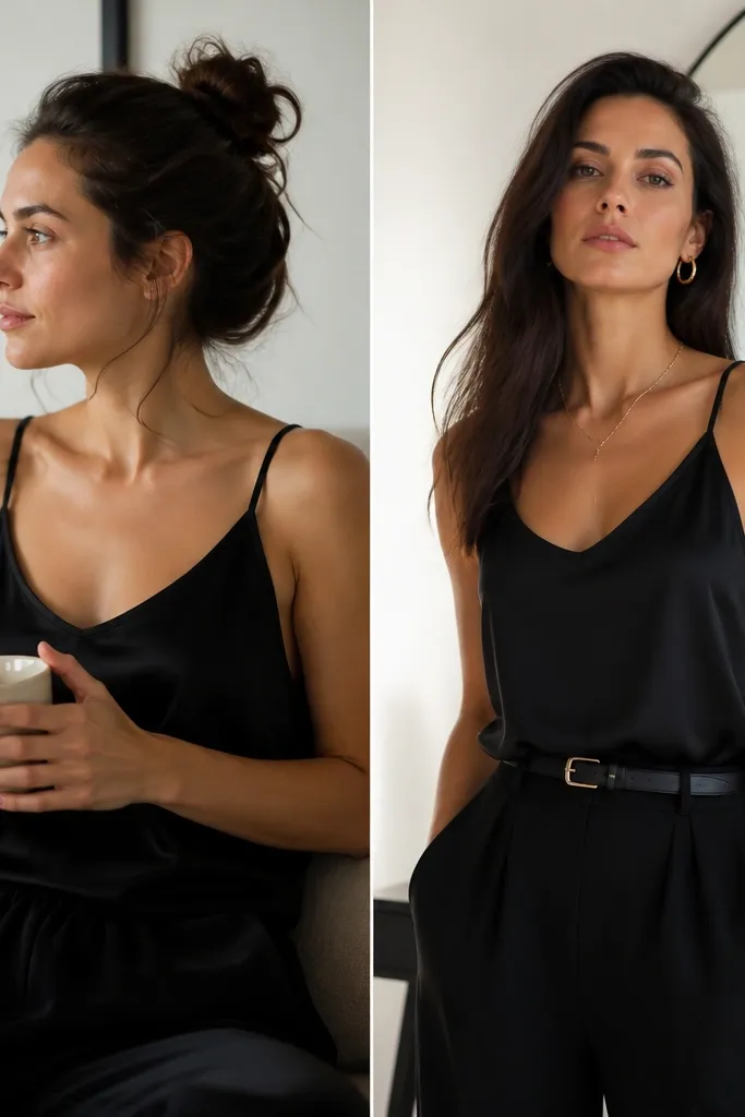 Before and after black silk tank top outfit ideas