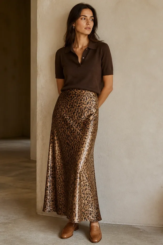 A model in a chocolate-brown knit polo shirt tucked into a leopard satin skirt; tan leather loafers; a relaxed collar with two buttons open; warm lighting highlights the skirt sheen.