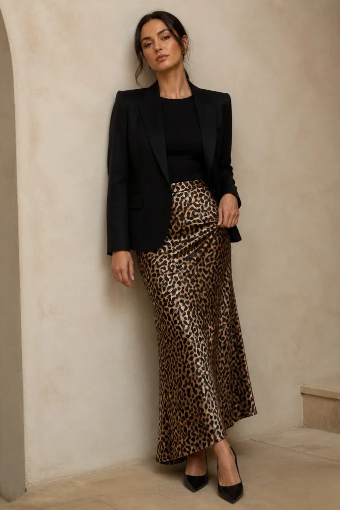 A model with a tailored black blazer over a fitted black top, waist-cropped at the hips, paired with a leopard satin skirt; pointed pumps; clean lapels.