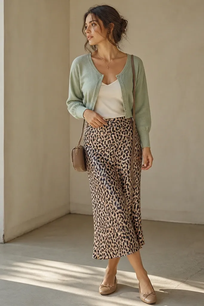 A model wearing a soft sage green cropped sweater over a cream camisole, paired with a leopard print satin midi skirt; tan flats and a small crossbody bag.