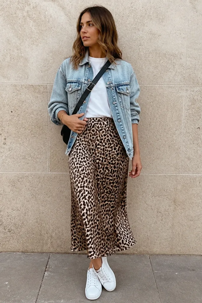 A model in a light-wash denim jacket over a white tee, wearing a leopard satin skirt; white sneakers; a crossbody strap across the chest.