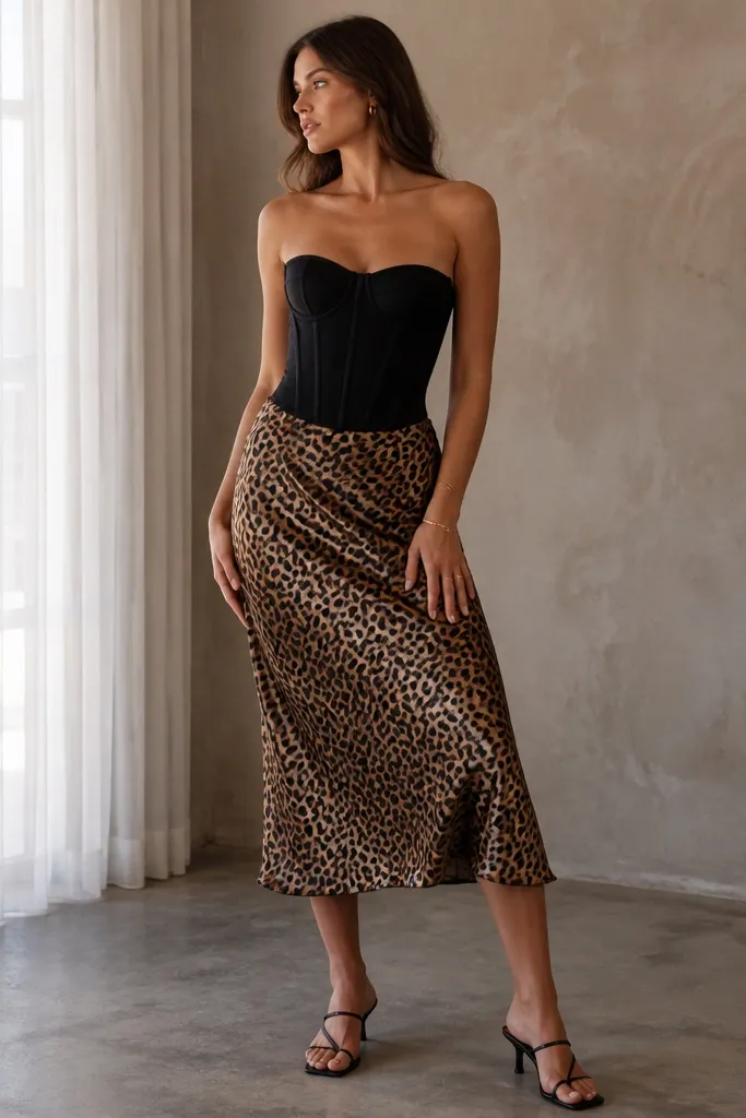 A model wearing a black corset-style top with boning and a sweetheart neckline, paired with a leopard satin midi skirt; black heeled sandals.