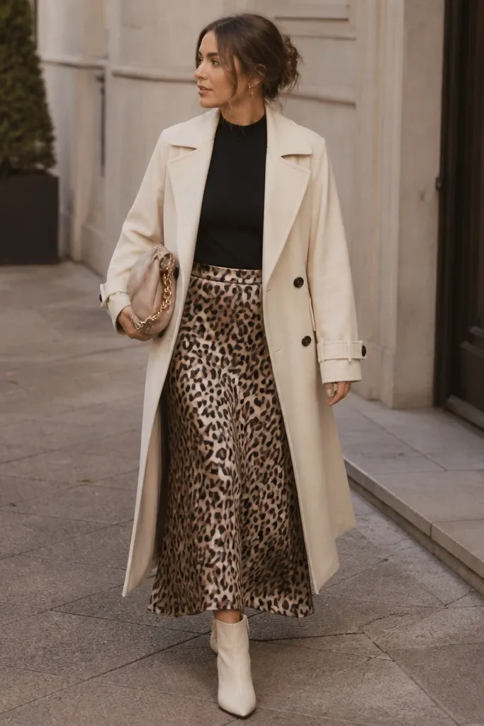 A model wearing a warm cream trench coat over a fitted black top, with a leopard satin skirt; cream ankle boots; neutral bag.