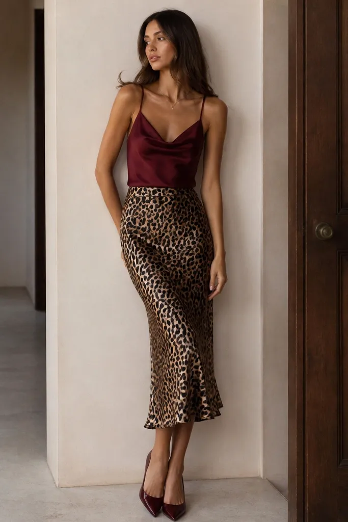 A model in a deep red satin camisole tucked into a leopard satin skirt; minimal jewelry; burgundy pointed heels.