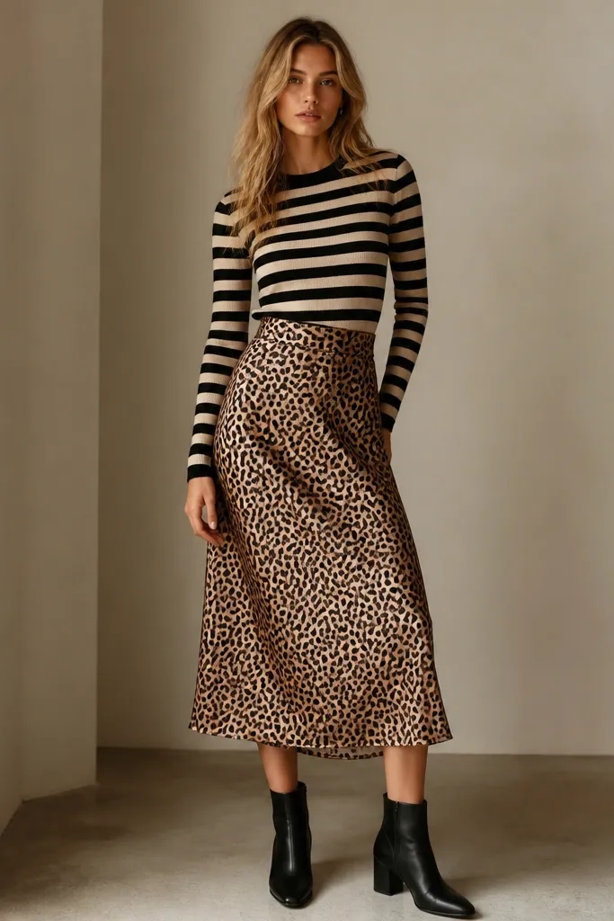 A model wearing a black-and-cream striped fitted sweater, tucked into a leopard satin midi skirt; black ankle boots; striped fabric visible at the waist.