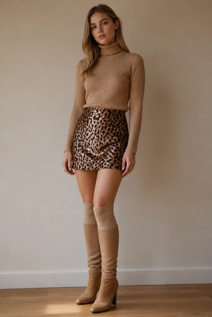 A model wearing a tan ribbed turtleneck sweater tucked into a leopard satin mini skirt; tan knee-high socks; tan heeled boots.