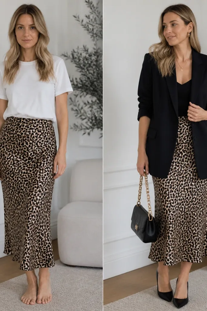 Before and after leopard print satin skirt transformations