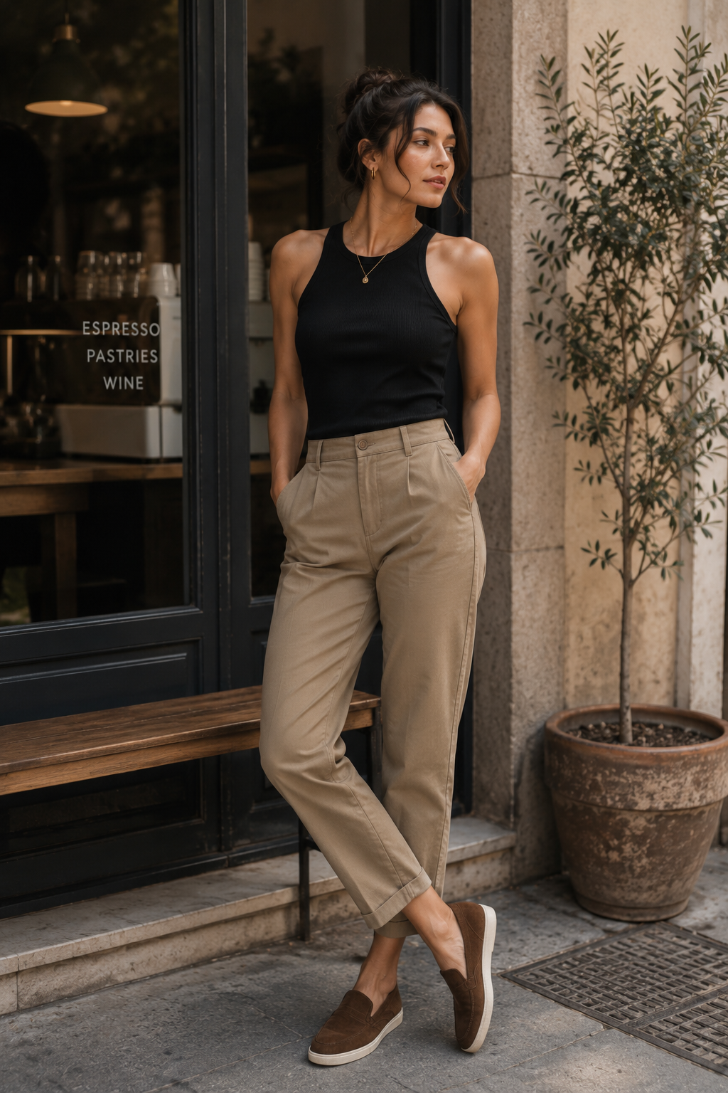 Black tank with a relaxed tuck into khaki twill chinos; brown suede slip-on shoes; a light olive overshirt is folded over one arm.