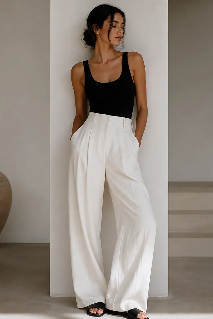 Black tank worn with off-white high-waisted wide-leg trousers; black slide sandals; the trousers drape with soft folds and fall to the floor or near-floor.