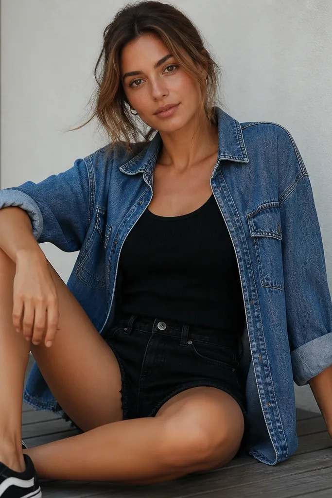 Black ribbed tank under an open medium-wash denim button-up; black denim shorts; casual sneakers; denim shirt sleeves rolled to mid-forearm.