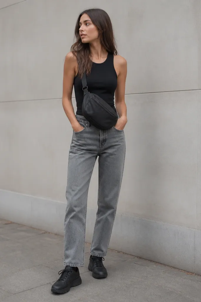 Black tank with gray straight jeans; a black belt bag worn crossbody at the waist; black sneakers; minimal street background.
