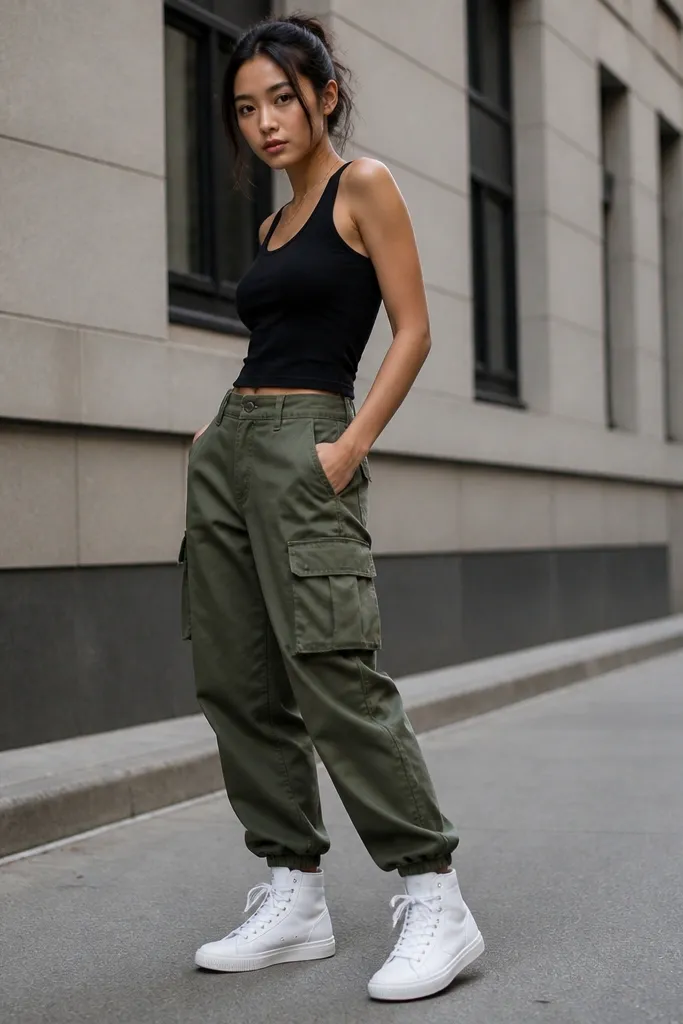 Black tank with olive cargo pants featuring visible pockets and a relaxed taper; white high-top sneakers; slight street angle in daylight.
