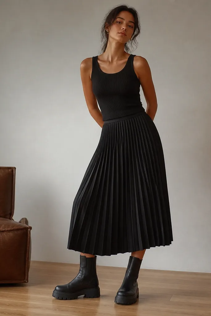 Black ribbed tank paired with a black pleated midi skirt that falls mid-calf; chunky black boots; soft indoor lighting.