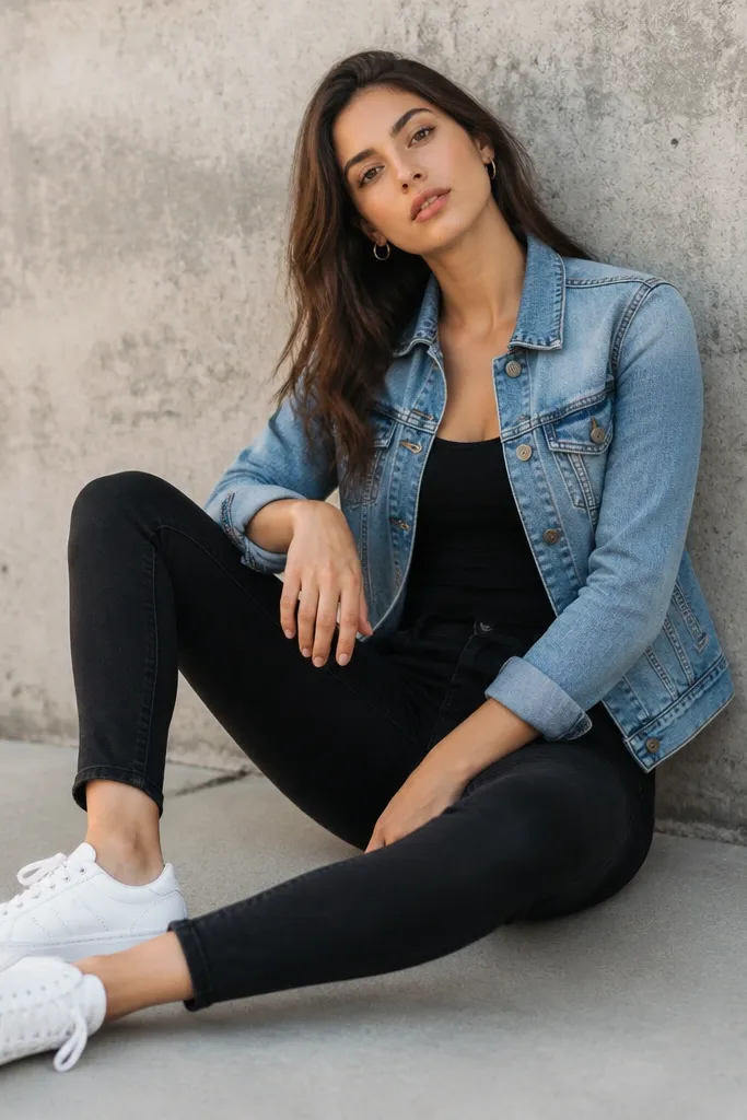 Black tank under a medium-wash denim jacket; black skinny jeans; white sneakers; jacket collar visible.