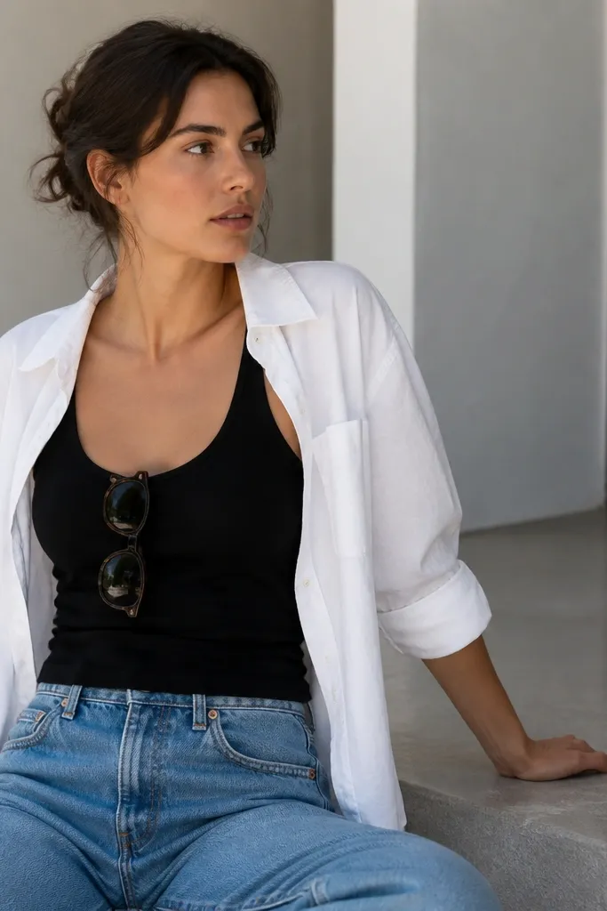 Black tank with a white button-up worn open over it; light blue or medium jeans; sunglasses on the shirt collar area.