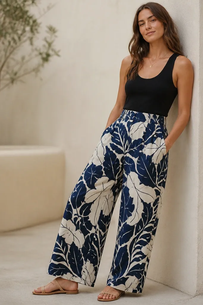 Black tank paired with wide-leg pants featuring a navy and cream pattern; neutral sandals; soft daylight.