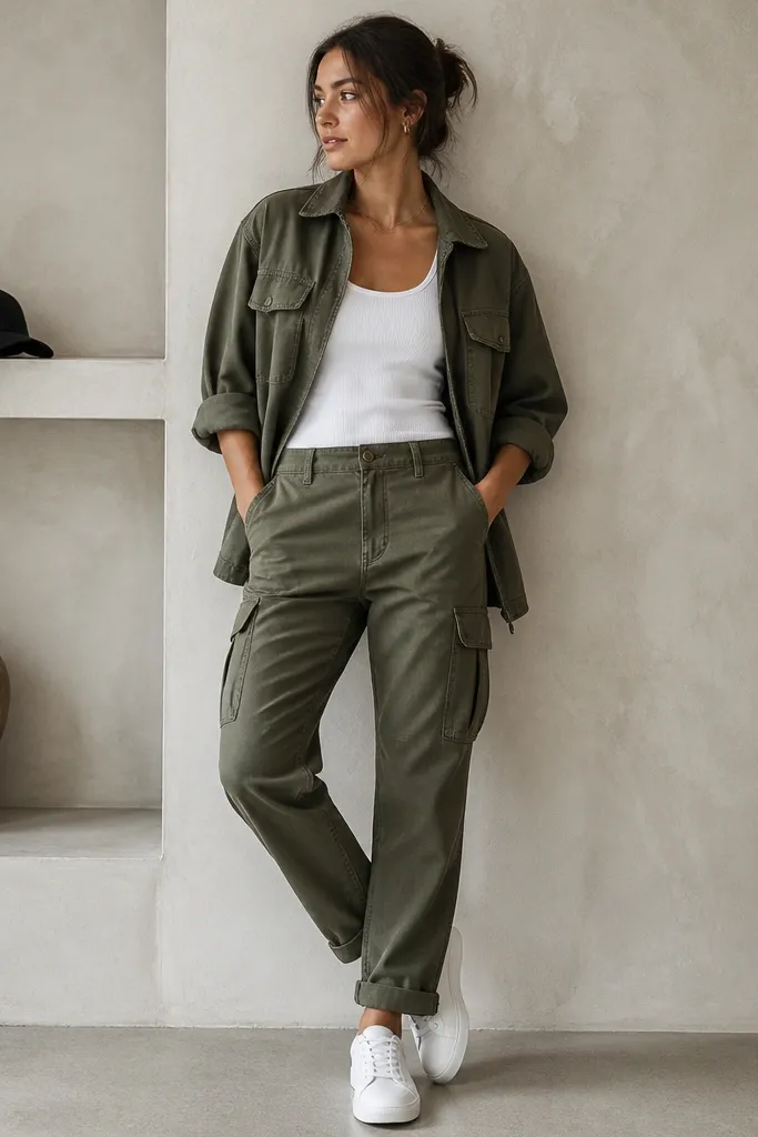 A white tank layered under an olive utility jacket, paired with olive cargo pants and clean white low-top sneakers. A black baseball cap sits on a shelf or shoulder.